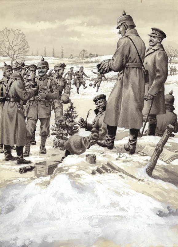 Zawieszenie broni w Boże Narodzenie (gwasz na papierze) autorstwa Pat (1907 95) Nicolle
