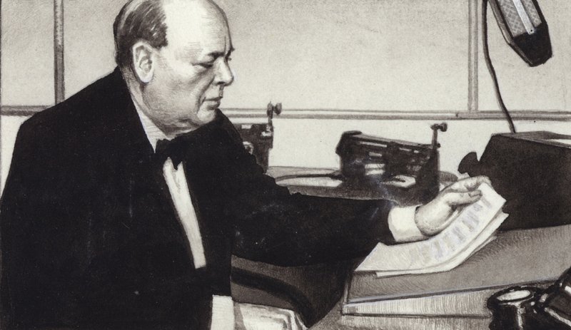 Winston Churchill wygłasza jedną ze swoich słynnych wojennych audycji radiowych (gwasz na papierze) autorstwa Pat (1907 95) Nicolle