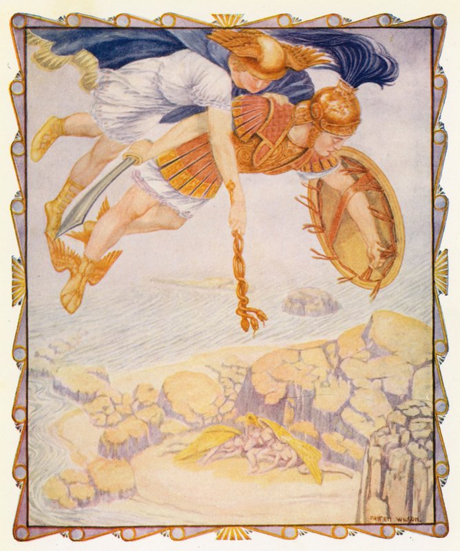 Perseusz widzi Gorgony (kolorowa litografia) autorstwa Patten (after) Wilson