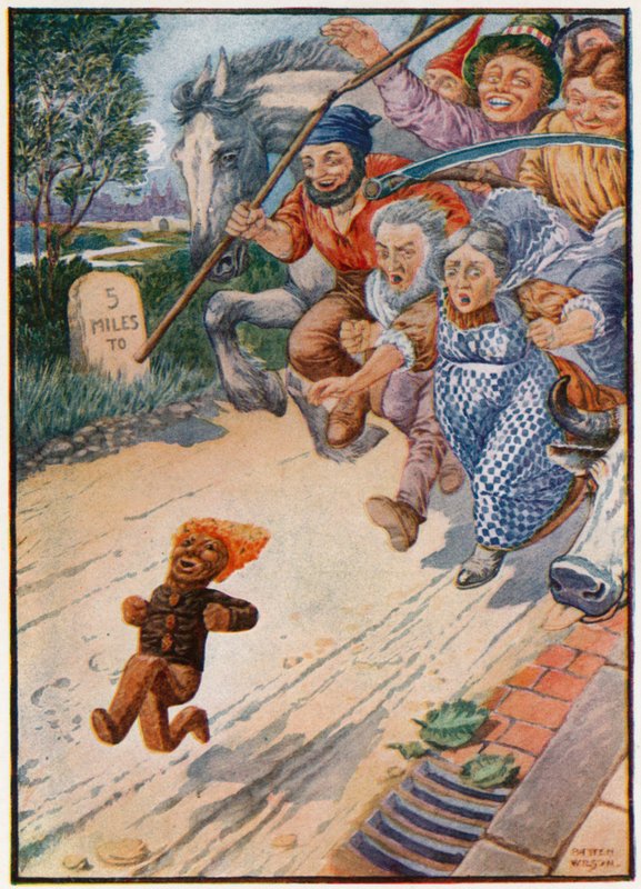 "Nie możesz mnie złapać, jestem piernikowym ludzikiem!" (litografia kolorowa) autorstwa Patten Wilson