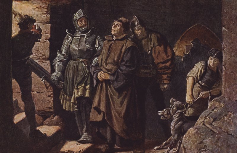 Hans von Berlepsch i Burckhardt Hund von Wenckheim eskortują Marcina Lutra do zamku Wartburg. autorstwa Friedrich Paul Thumann