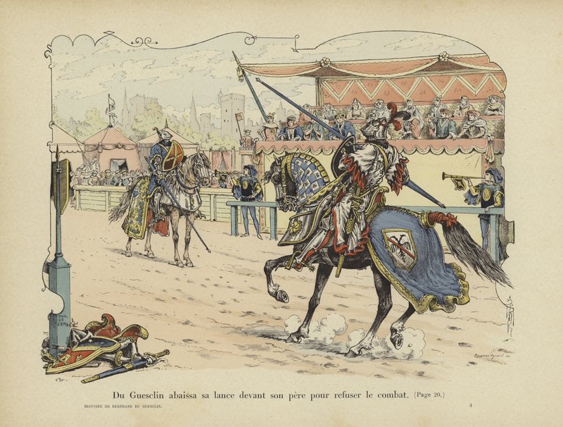 Bertrand du Guesclin opuszcza włócznię przed ojcem, aby wyrazić swoją odmowę walki z nim, Rennes, 1337 autorstwa Paul de Semant