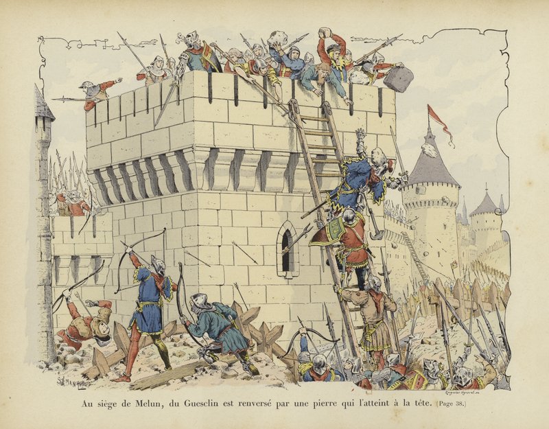 Bertrand du Guesclin uderzony w głowę kamieniem podczas oblężenia Melun, 1359 autorstwa Paul de Semant