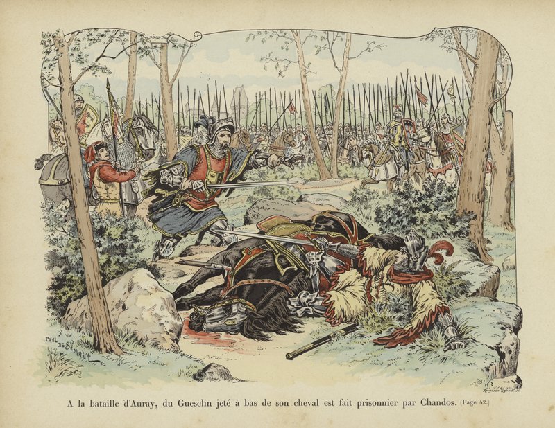 Bertrand du Guesclin rzucony przez konia i schwytany przez Sir Johna Chandosa, Bitwa pod Auray, 1364 autorstwa Paul de Semant