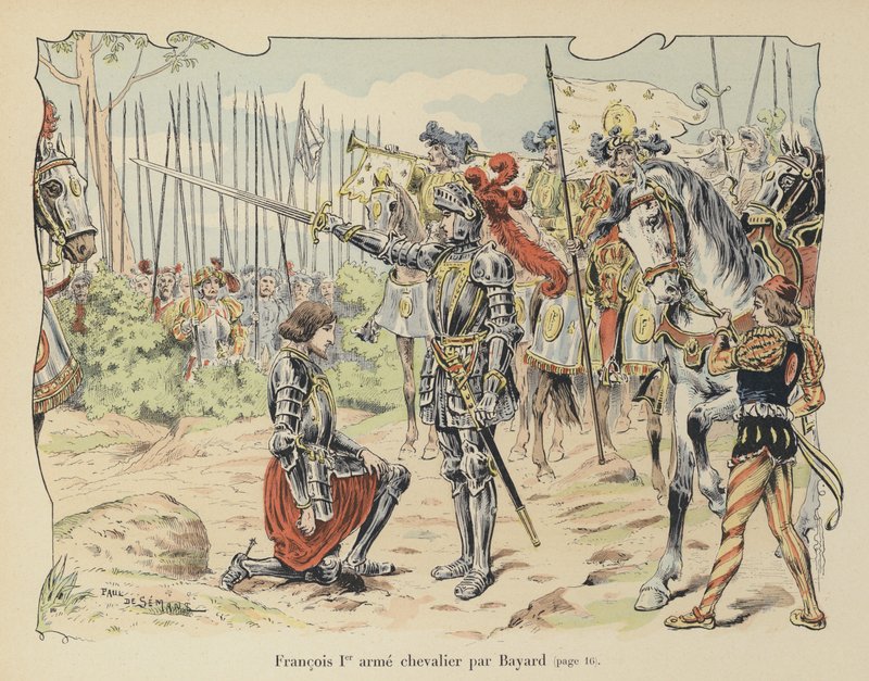 Król Francji Franciszek I pasowany na rycerza przez Kawalera de Bayard po bitwie pod Marignano we Włoszech, 1515 autorstwa Paul de Semant