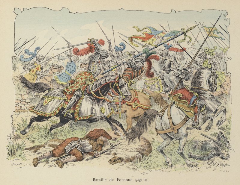 Kawaler de Bayard walczący z Hiszpanami w bitwie pod Fornovo, Włochy, 1495 autorstwa Paul de Semant