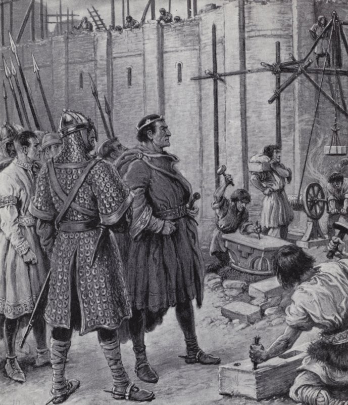 Wilhelm Zdobywca nadzorujący budowę Tower of London (lito) autorstwa Paul (after) Hardy