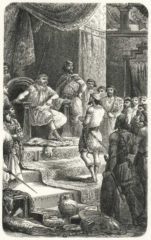 Król Dawid odbiera emisariuszy od króla Hirama z Tyru (rycina) autorstwa Paul Dominique Philippoteaux