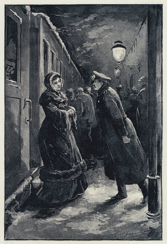 Ilustracja do Anny Kareniny: Wroński spotyka Annę na dworcu (lito) autorstwa Paul Frenzeny