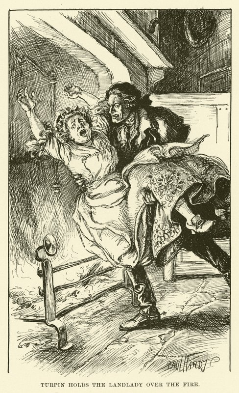 Turpin trzyma gospodynię nad ogniem (grawerunek) autorstwa Paul Hardy