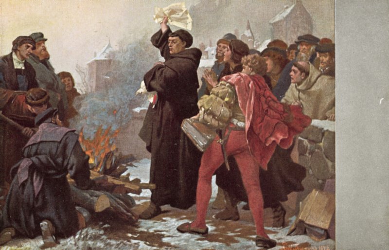 Marcin Luter palący bullę papieską grożący mu ekskomuniką przed Elstertorem w Wittenberdze, Niemcy, 10 grudnia 1520 autorstwa Friedrich Paul Thumann