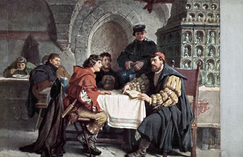 Marcin Luter w rozmowie ze studentami w Gasthof der Baren, Jena, Niemcy, marzec 1522 autorstwa Friedrich Paul Thumann