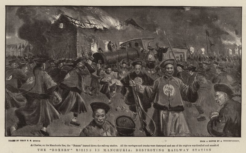 Powstanie Bokserów w Mandżurii, niszczenie dworca kolejowego autorstwa Percy F.S. Spence