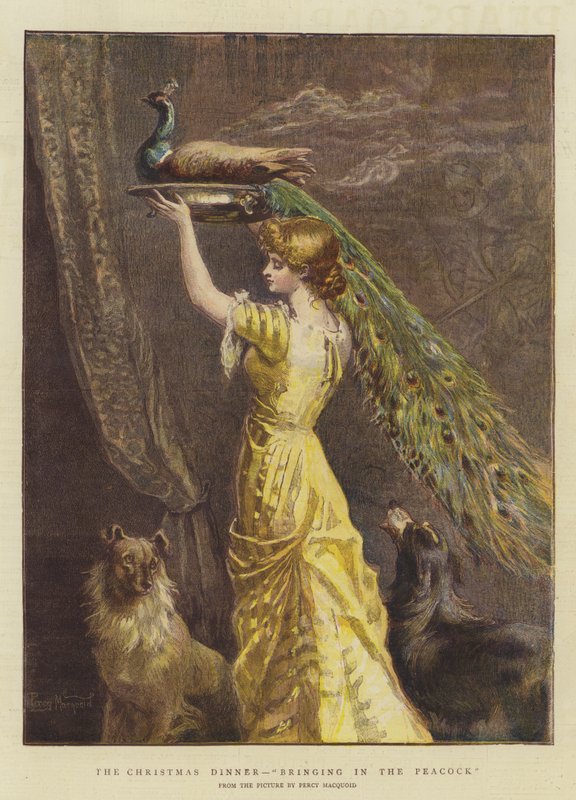 Kolacja wigilijna, Przynoszenie pawia (chromolitho) autorstwa Percy Macquoid