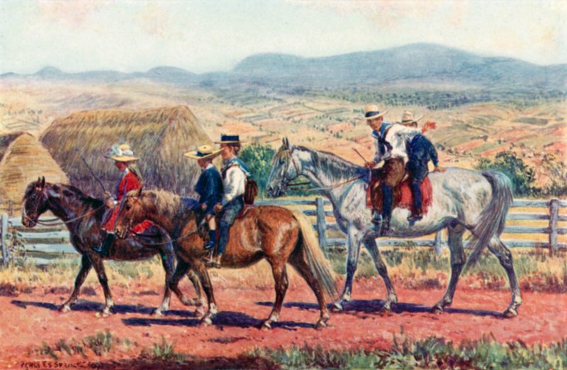 Australijskie dzieci jadące do szkoły (kolor lito) autorstwa Percy F.S. (after) Spence