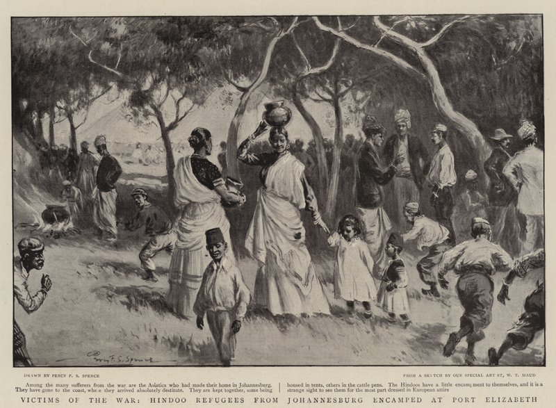Ofiary wojny, uchodźcy hinduscy z Johannesburga obozowali w Port Elizabeth autorstwa Percy F.S. Spence