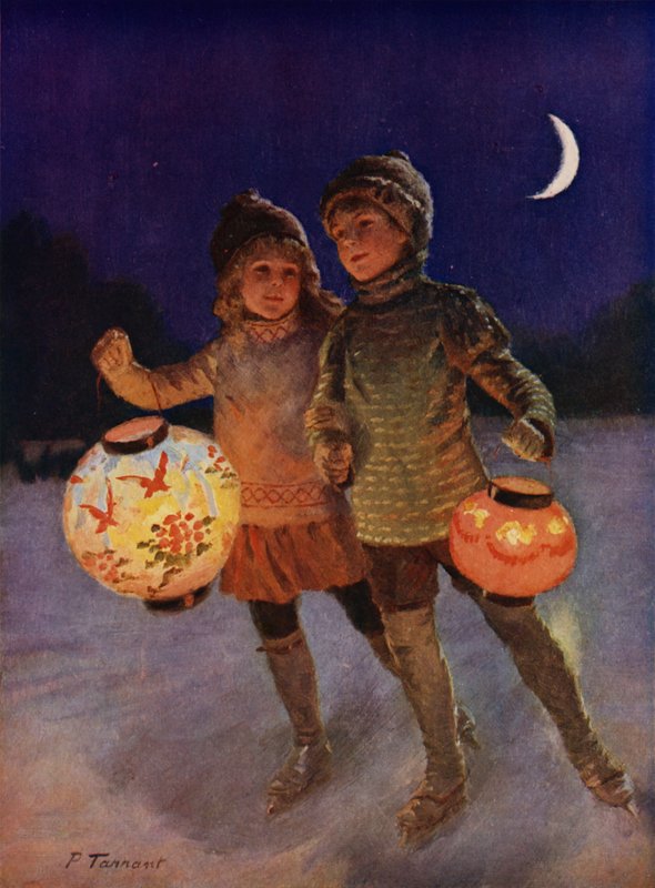 Chłopiec i dziewczynka jeżdżą na łyżwach z bajkowymi lampionami w nocy (kolor lito) autorstwa Percy Tarrant