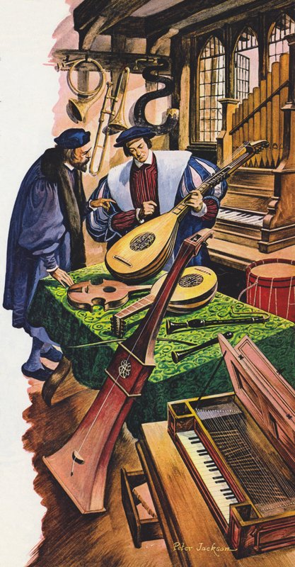 Wytwórca instrumentów muzycznych w swoim sklepie w czasach Tudorów autorstwa Peter Jackson