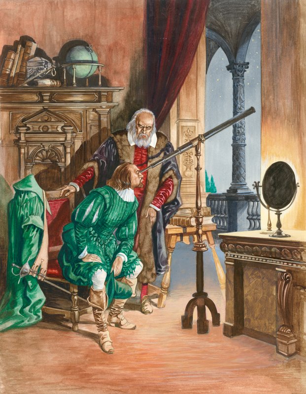 Galileusz, teraz niewidomy, pozwala przyjacielowi spojrzeć na gwiazdy przez teleskop z balkonu swojego gabinetu w Pizie autorstwa Peter Jackson