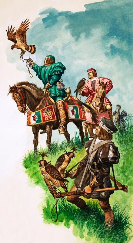 Król Henryk VII uwalniający sokoła podczas polowania (gwasz na papierze) autorstwa Peter Jackson