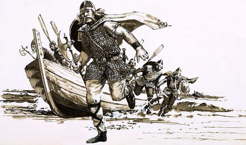 Król Vortigern sprowadził do Wielkiej Brytanii dwóch wodzów barbarzyńców - Hengesta i Horsę (gwasz na papierze) autorstwa Peter Jackson