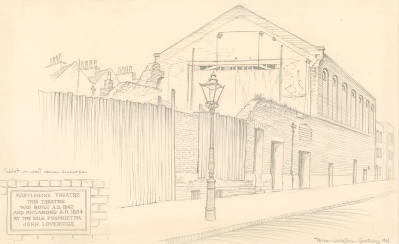 Marylebone Theatre, Londyn, tył teatru przy Mulready Street (pierwotnie Little Church Street) autorstwa Peter Jackson