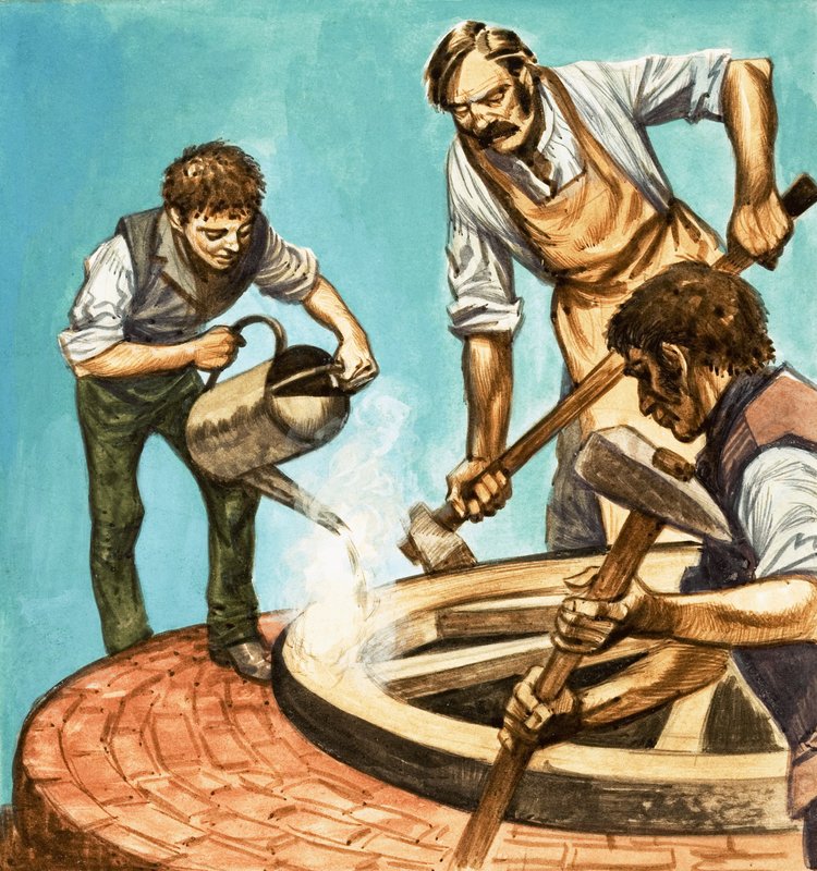 Dawno, dawno temu... wiejskie życie sto lat temu. Kołodzieje zakładają żelazną obręcz na koło autorstwa Peter Jackson