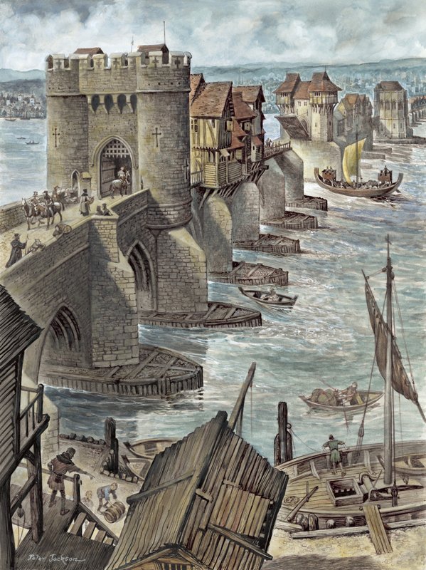 Rekonstrukcja przedstawiająca Old London Bridge kilka lat po jego wybudowaniu, patrząc na północny-zachód autorstwa Peter Jackson