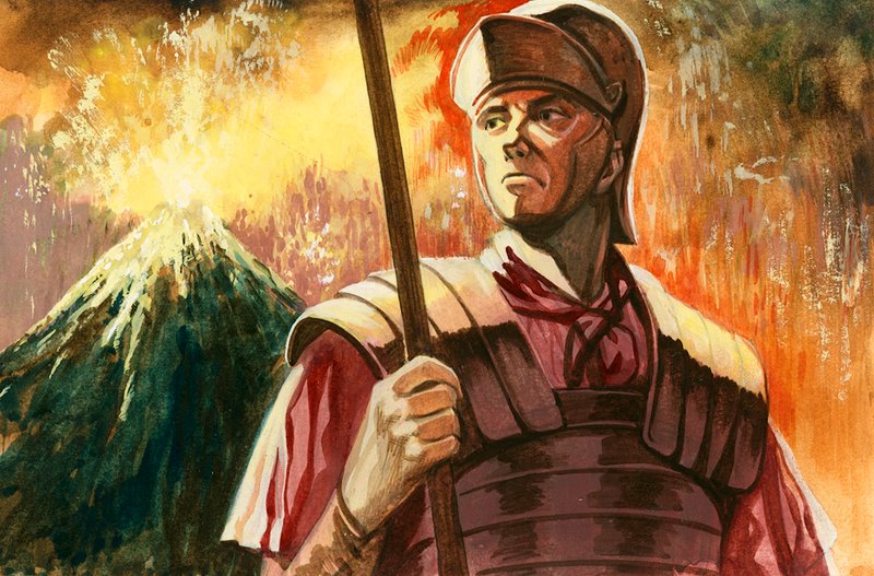 Rzymski żołnierz z wybuchającym Wezuwiuszem za plecami autorstwa Peter Jackson
