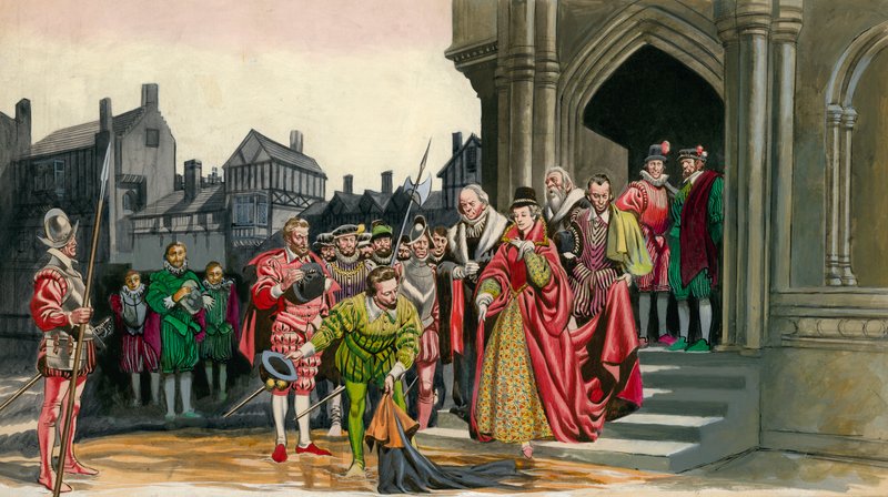 Seras Walteris Rolis užkloja apsiaustą karalienei Elizabeth Ipoli autorstwa Peter Jackson