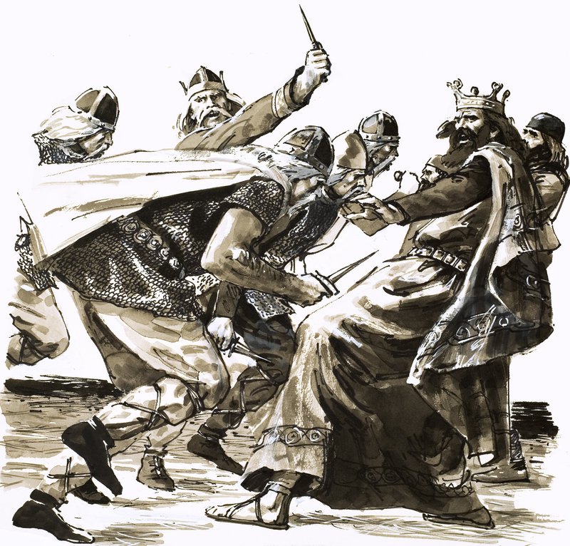 Śmierć króla Vortigerna, ilustracja z gry "Najeźdźcy z morza autorstwa Peter Jackson
