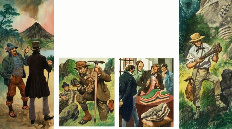 Niezidentyfikowana sekwencja ilustracji przedstawiających eksplorację geologiczną autorstwa Peter Jackson
