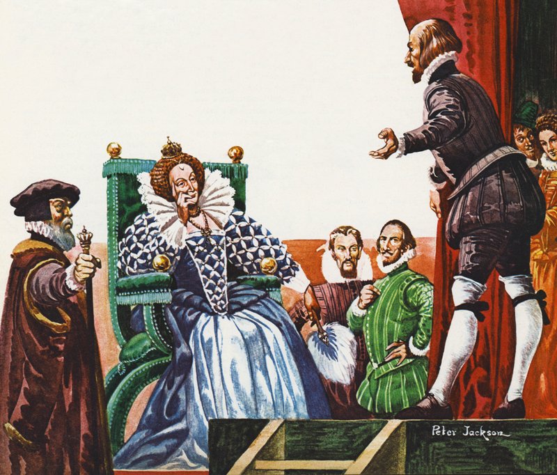 William Shakespeare prezentuje jedną ze swoich sztuk królowej Elżbiecie I autorstwa Peter Jackson