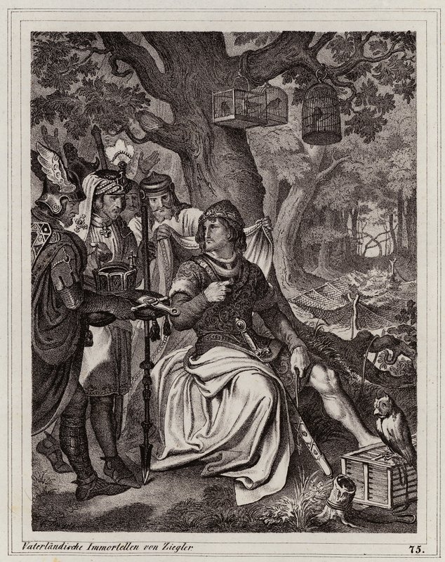 Henryk Fowler otrzymujący wiadomość, że jest królem wschodniej Francji, 919 r. (rycina) autorstwa Peter Johann Nepomuk Geiger