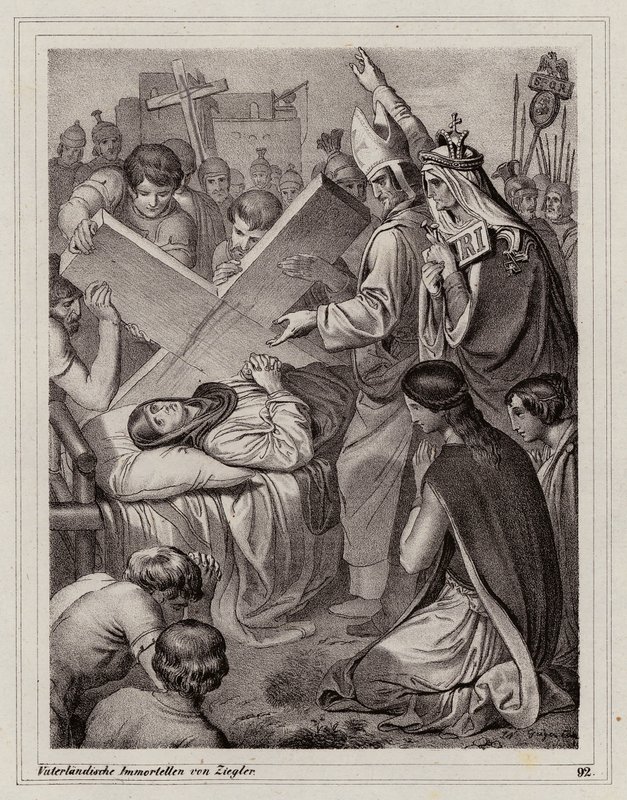 Święta Helena i odkrycie prawdziwego krzyża, 325 r. (rycina) autorstwa Peter Johann Nepomuk Geiger