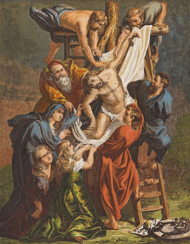 Zstąpienie Jezusa Chrystusa z krzyża (kolorowa litografia) autorstwa Peter Paul (after) Rubens