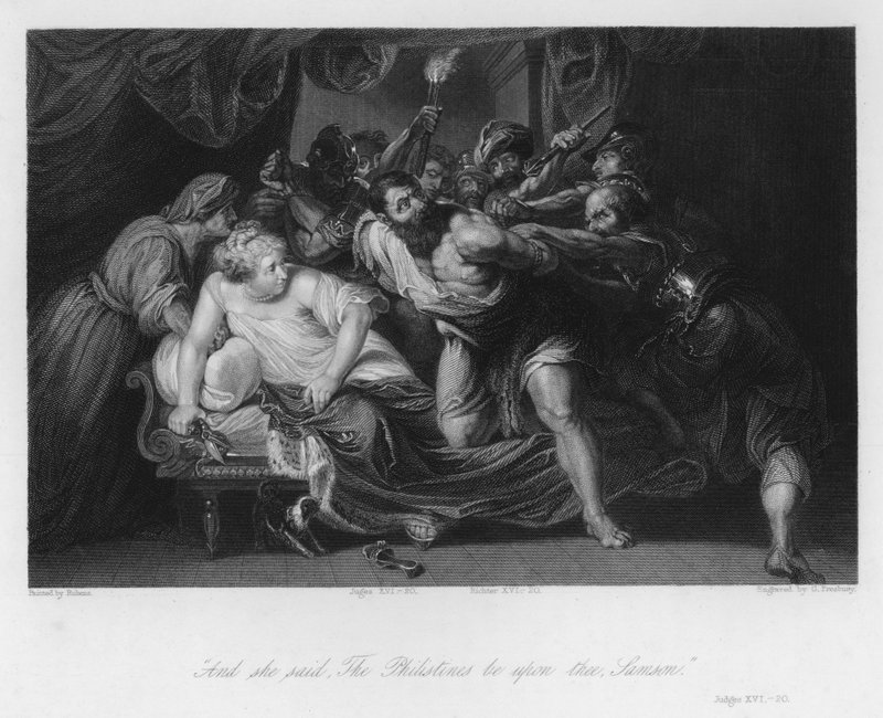 Samson zdradzony przez Dalilę, sędziowie XVI, 20 lat (rycina) autorstwa Peter Paul (after) Rubens