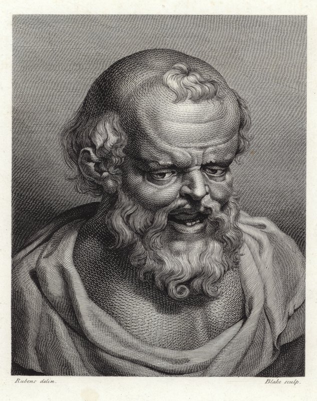 Portret starożytnego greckiego filozofa Demokryta (rycina punktowa) autorstwa Peter Paul Rubens