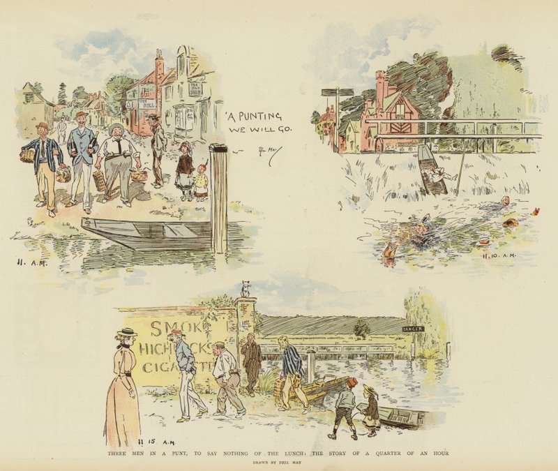 Trzech mężczyzn w pontonie, nie mówiąc już o obiedzie, czyli opowieść o kwadransie (chromolitho) autorstwa Phil May