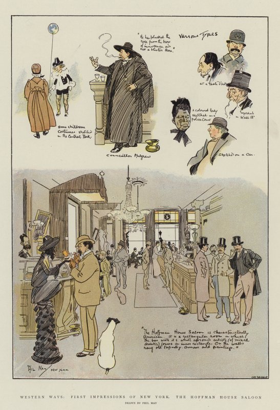 Western Ways, pierwsze wrażenia z Nowego Jorku, Hoffman House Saloon (chromolitho) autorstwa Phil May