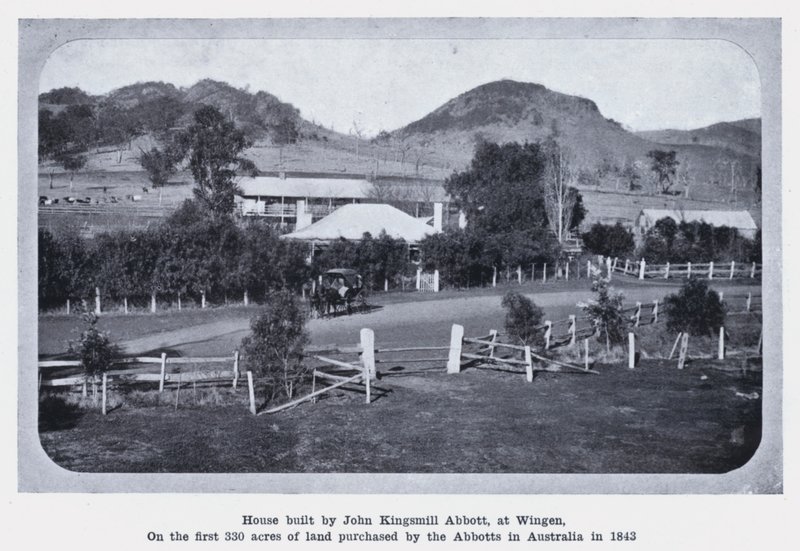 Dom zbudowany przez Johna Kingsmill Abbott, w Wingen, na pierwszych 330 akrach ziemi zakupionej przez Abbottów w Australii w 1843 roku (zdjęcie czarno-białe) autorstwa Photographer Australian