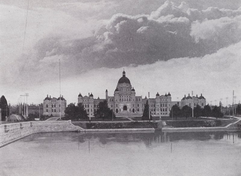 Budynki Parlamentu, Wiktoria, Kolumbia Brytyjska (zdjęcie czarno-białe) autorstwa Photographer Canadian