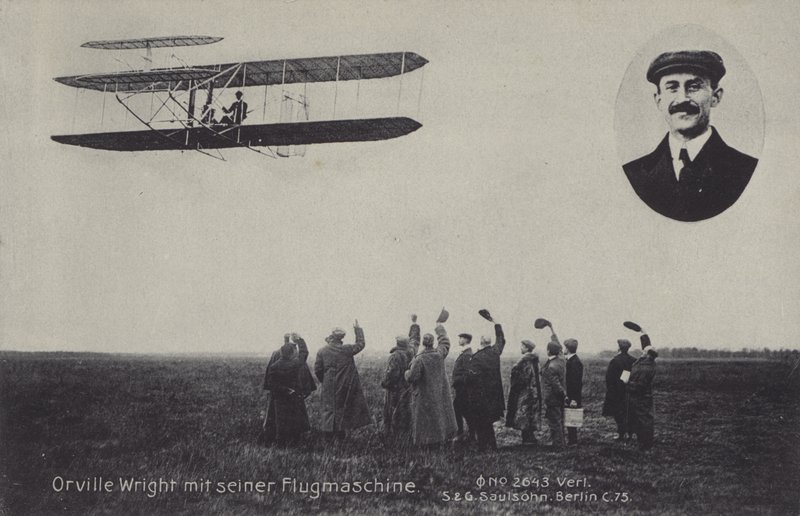 Amerykański lotnik Orville Wright i jego latająca maszyna (zdjęcie czarno-białe) autorstwa Photographer German