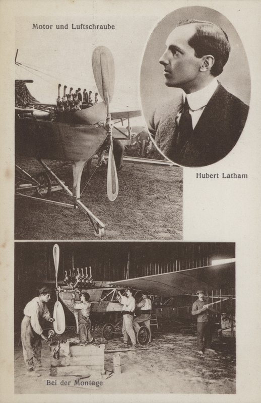 Francuski lotnik Hubert Latham i jego samolot (zdjęcie czarno-białe) autorstwa Photographer German