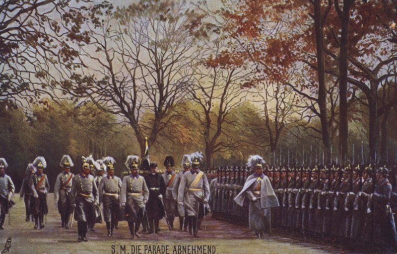 Kaiser Wilhelm II podczas inspekcji niemieckich żołnierzy na paradzie (kolorowe zdjęcie) autorstwa Photographer German