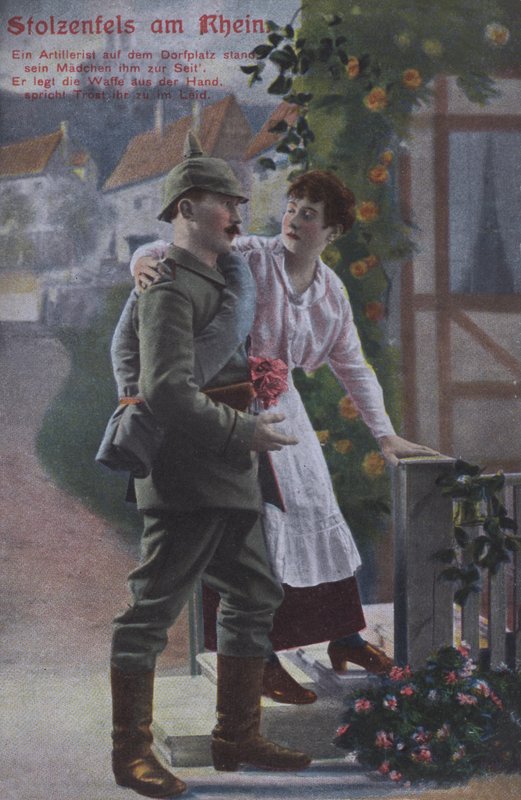 Zamek Stolzenfels nad Renem, niemiecka patriotyczna pocztówka wojskowa (kolorowa fotografia) autorstwa Photographer German