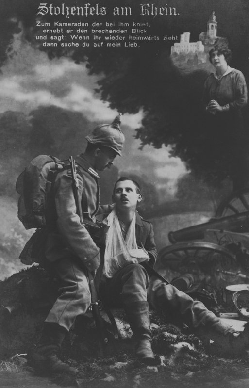 Zamek Stolzenfels nad Renem, niemiecka patriotyczna pocztówka wojskowa (zdjęcie czarno-białe) autorstwa Photographer German