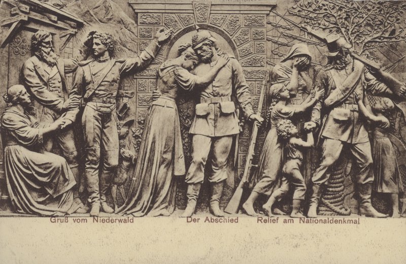 Pożegnanie, płaskorzeźba na Nationaldenkmal, pomnik upamiętniający zjednoczenie Niemiec, Rudesheim am Rhein, Hesja (zdjęcie czarno-białe) autorstwa Photographer German