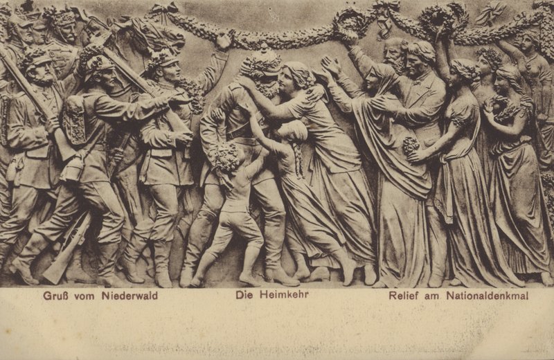 Powrót do domu, płaskorzeźba na Nationaldenkmal, pomnik upamiętniający zjednoczenie Niemiec, Rudesheim am Rhein, Hesja (zdjęcie czarno-białe) autorstwa Photographer German