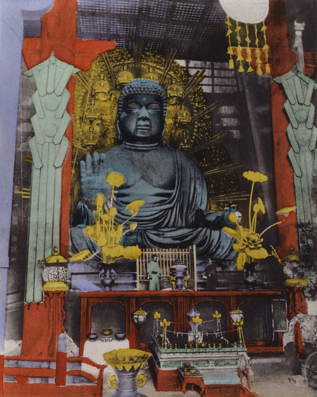 Japonia, ok. 1912: Największy Daibutsu w Japonii pochodzi z 749 roku, a jego wysokość wynosi 53 1/2 stopy, a twarz w Nara ma 16 stóp długości (zdjęcie) autorstwa Photographer Japanese